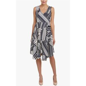 Size 14W 1X NAVY GEO PRINT ASYMMETRICAL‎ HANDKERCHIEF HEM DRESS Summer PLUS SIZE